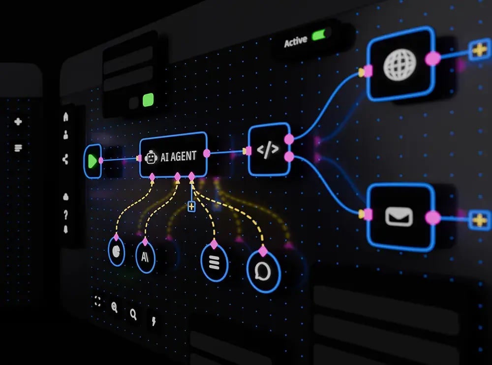 side-perspective-panoramic-layout-interconnected-ai-agent-application-screens-emphasizing copy