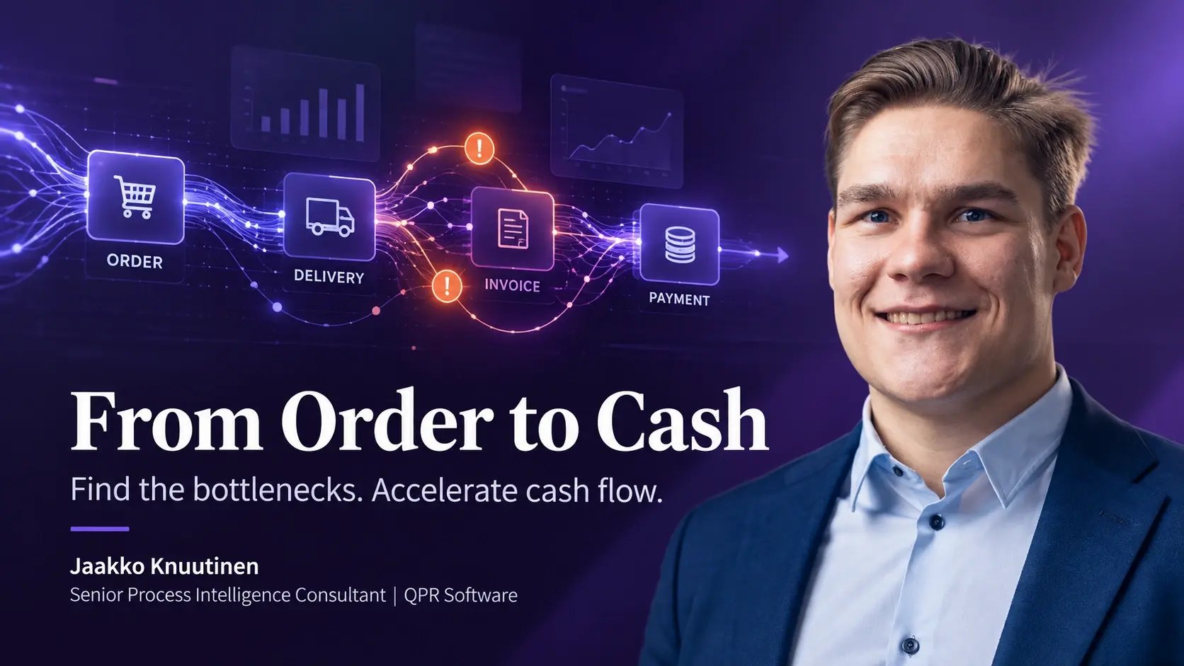 Order-to-Cash process mining workflow highlighting bottlenecks in order fulfillment, invoicing and payments, featuring Jaakko Knuutinen, QPR Software.