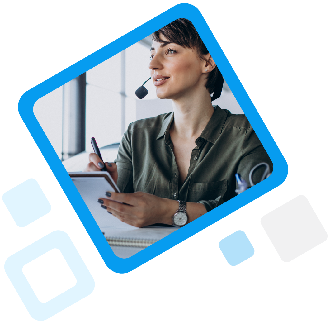 Customer service worker holding a notebook. Image in blue frame.