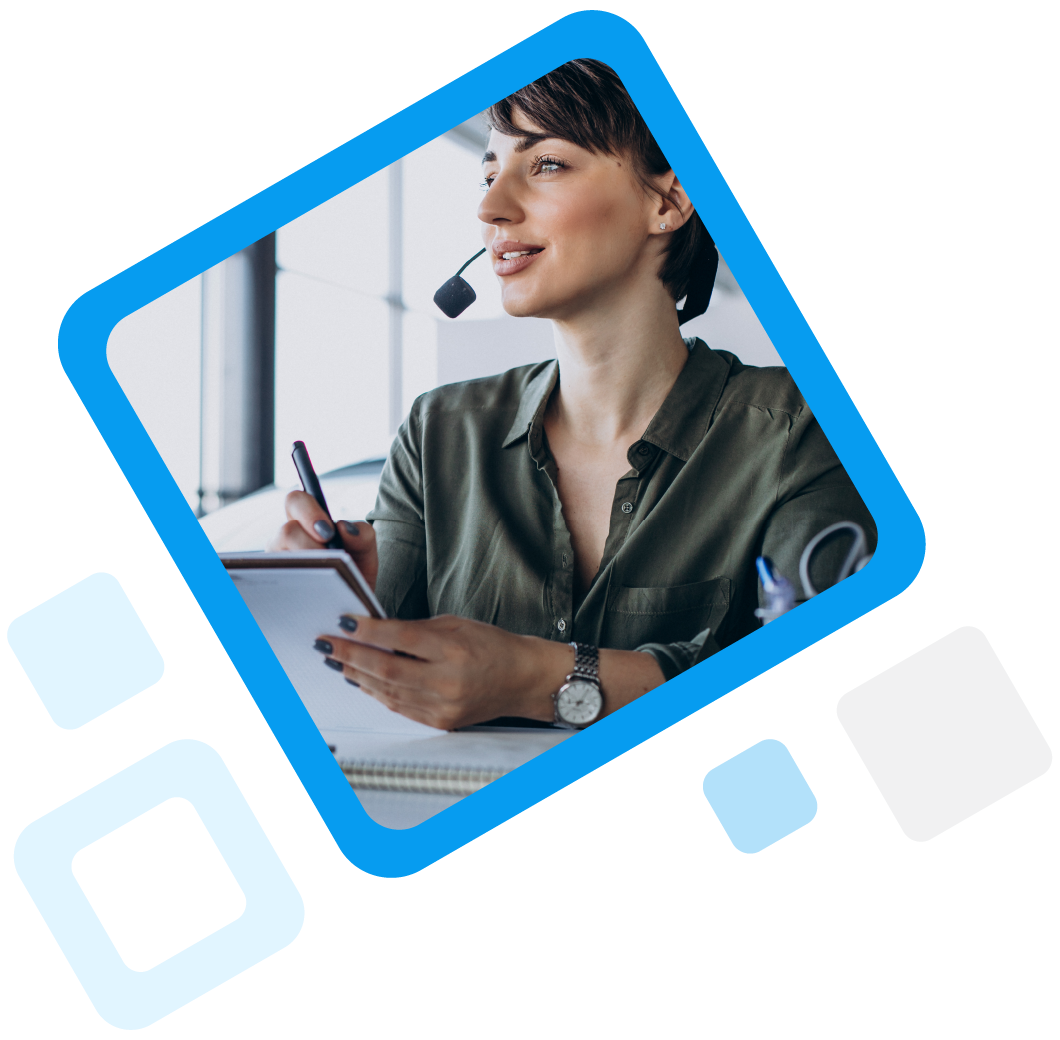 Call center worker holding a notebook. Image inside blue frame.