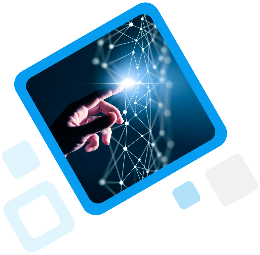 Hand touching digital world inside of blue frame (digital transformation)